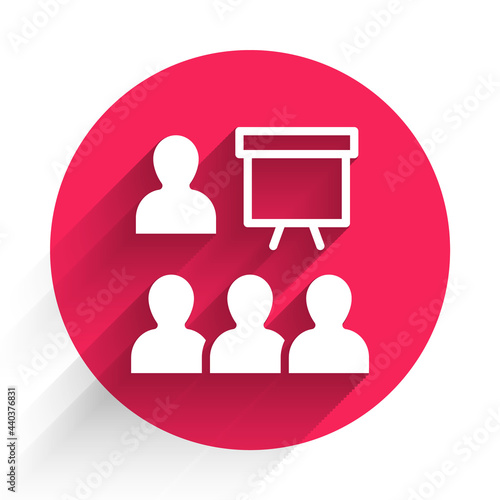White Training, presentation icon isolated with long shadow. Red circle button. Vector