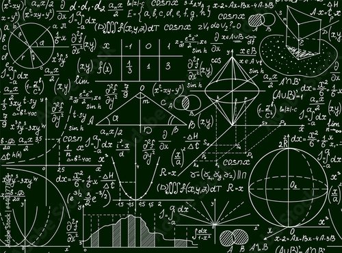 Educational school vector seamless pattern with math formulas, handwritten on the green chalkboard