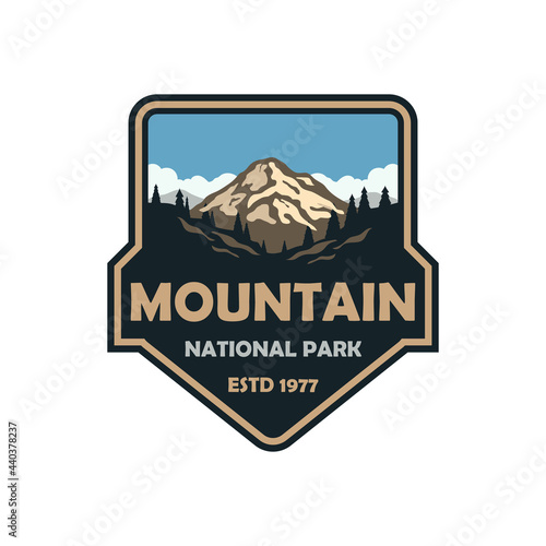 Mountain outdoor national park logo emblem badge patch illustration vintage grunge vector