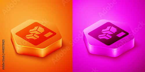 Isometric 3D printer icon isolated on orange and pink background. 3d printing. Hexagon button. Vector