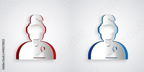 Paper cut Wizard warlock icon isolated on grey background. Paper art style. Vector