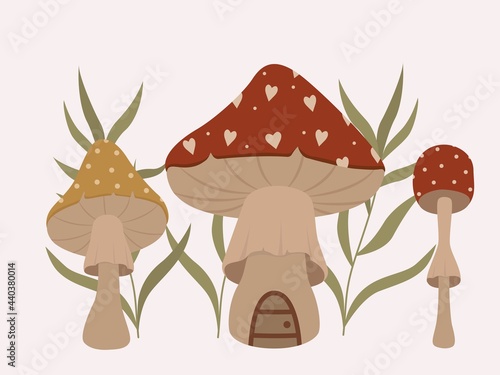 Mushroom set of vector illustrations in flat design isolated on white. Autumn Green twig. Leaf fall