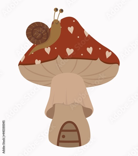 A snail sits on a mushroom with an red hat. Cute simple vector illustration