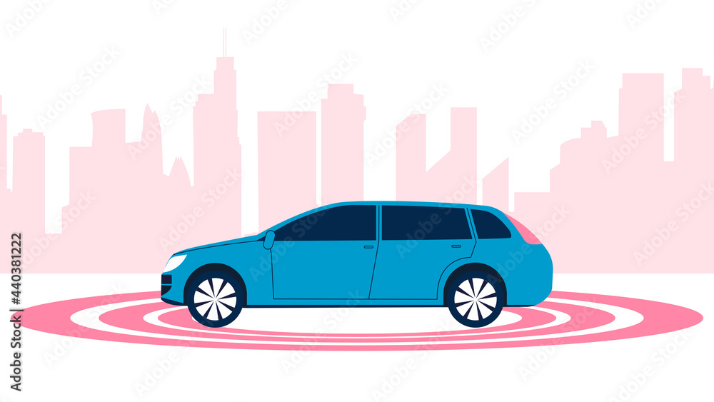 Self driving car on a street in a city. Car surrounded by radio circular waves at the background of tall moden buildings. Vector.