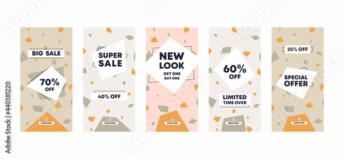 5 Set of editable social media ig story template design frame background in cute soft feminine fashion clothing. Mockup for personal blog or shop. Layout for promotion. Vector illustration