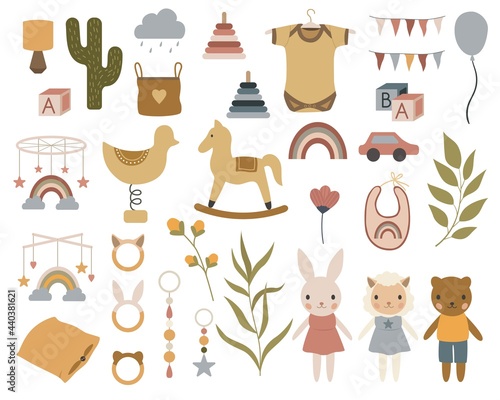 Set of different pastel children's toys. Inventory for children's games and entertainment.
