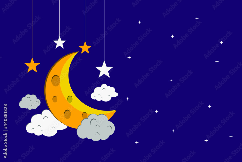 Fototapeta premium Flat style illustration moon stars and clouds background design. Good to use for banner, social media template, poster and flyer template, etc.