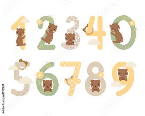 Set of Children numbers from 0 to 10. Monthly Milestone clipart. Bear and clouds. Vector illustration isolated symbols set photo