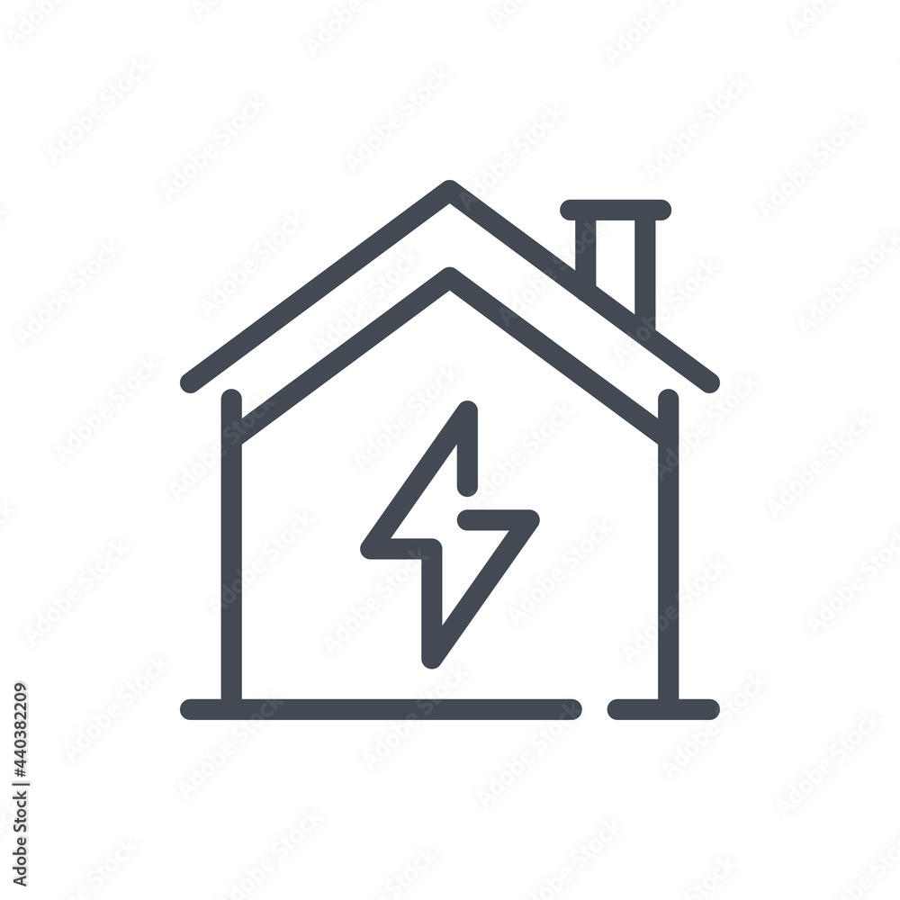 House with lightning line icon. Smart home electricity system vector outline sign. House with lightning line icon. Smart home electricity system vector outline sign.