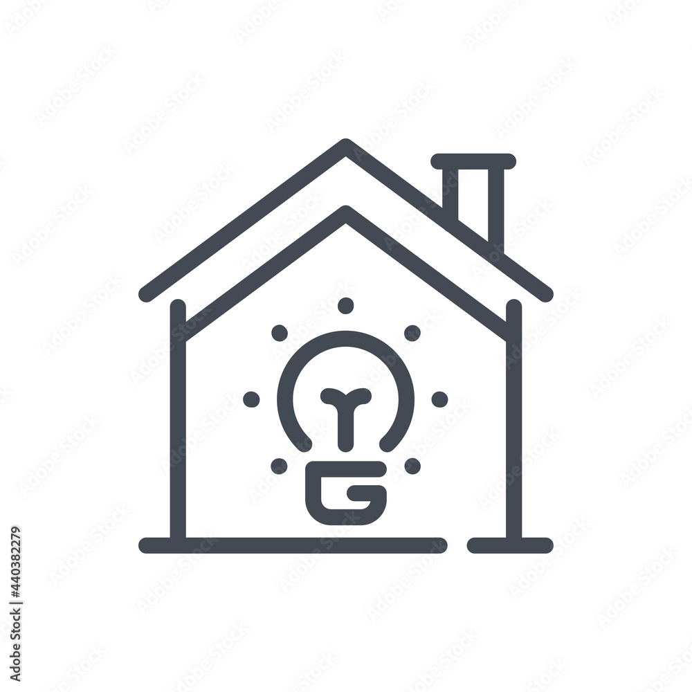 House with light bulb line icon. Electricity control of smart home vector outline sign. House with light bulb line icon. Electricity control of smart home vector outline sign.