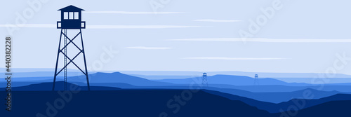 watch tower in mountain flat design vector banner template good for web banner, ads banner, tourism banner, wallpaper, background template, and adventure design backdrop	