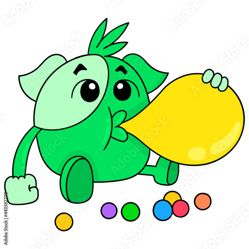 green cute monster is sitting blowing bubble gum balloons, doodle icon image kawaii
