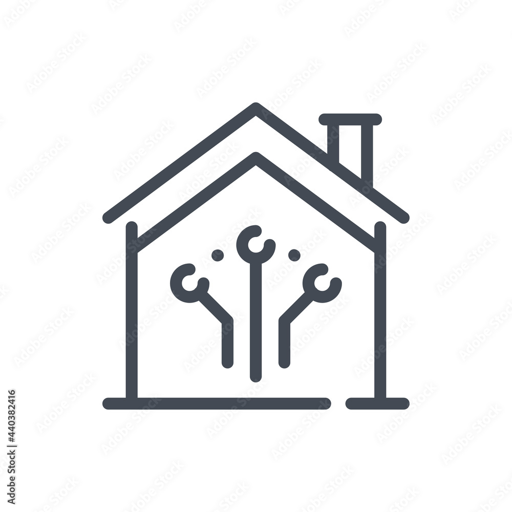 House with connection to system line icon. Remote control connection to smart home vector outline sign. House with connection to system line icon. Remote control connection to smart home vector outline sign.