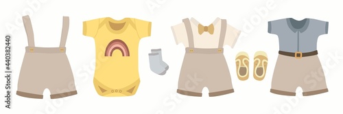 Baby Boy clothes, children, little kids elements. Cartoon characters. Scandinavian. Perfect for nursery room decor, fashion design, boots, trousers, socks, bodysuit