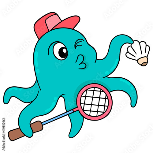 octopus exercising holding racket and shuttlecock to play badminton, doodle icon image kawaii