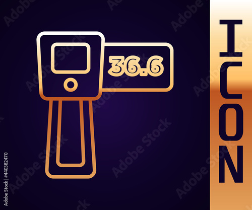 Gold line Digital contactless thermometer with infrared light icon isolated on black background. Vector