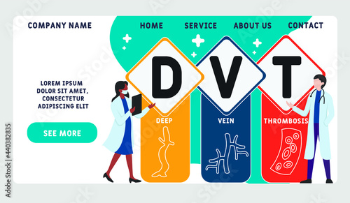 Vector website design template . DVT - Deep Vein Thrombosis acronym. medical concept. illustration for website banner, marketing materials, business presentation, online advertising.
