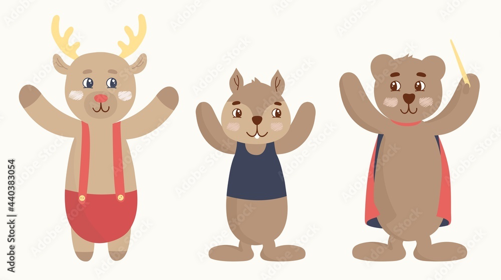 Cute woodland forest animals vector illustration including bear, deer, chipmunk.