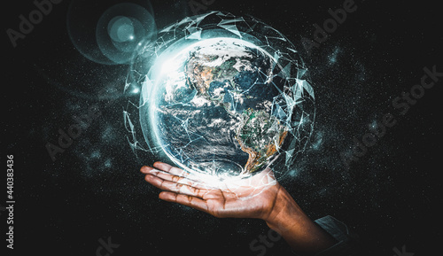 Global network connection covering earth with link of innovative perception . Concept of international trading and digital investment, 5G global wireless connection and future of internet of things . photo