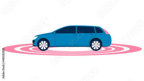 Car senser of environment observation area technology. Circular radio around an automobile. Animated video on a white background.