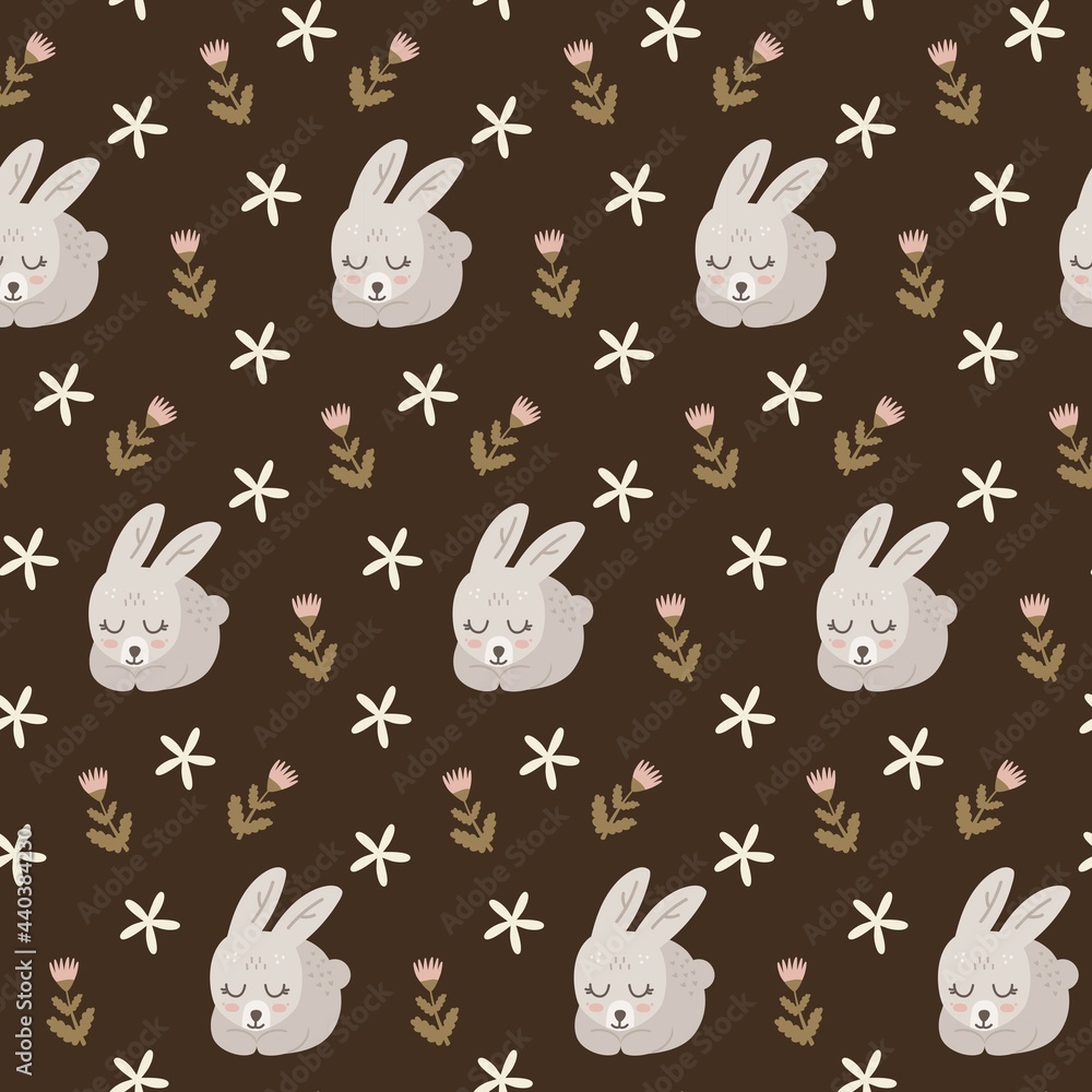 Sleeping bunny with flowers seamless pattern.  Illustration of little rabbit in floral field for textile or wrapping surface. Nursery ornament for baby shower.