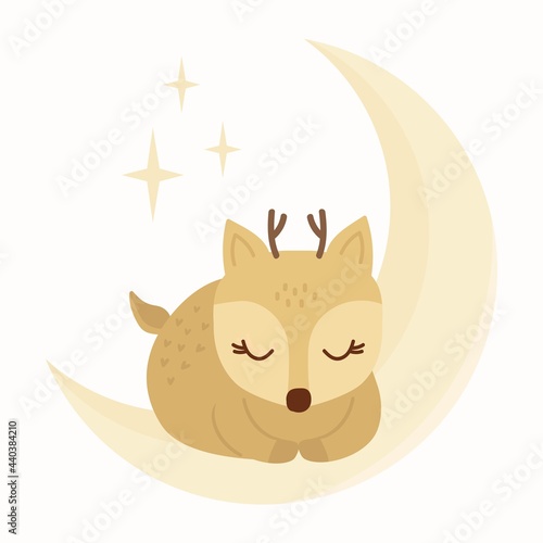 Cute Cartoon Deer is sleeping on the moon. Little baby animal. Vector Stock Illustration isolated on white background