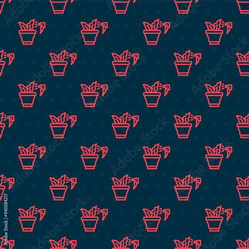 Red line Spraying a house plant with a spray gun icon isolated seamless pattern on black background. Moistening of foliage. Care for home flowers. Vector