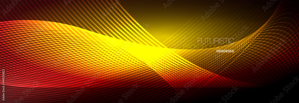 Abstract neon glowing light in the dark with waves. Shiny magic energy and motion concept, vector abstract wallpaper background Abstract neon glowing light in the dark with waves. Shiny magic energy and motion concept, vector abstract wallpaper background