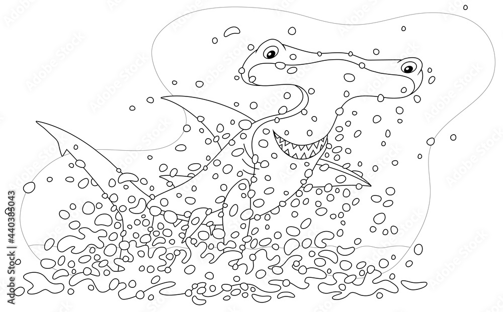 Large hammerhead shark with insidious smile, in splashes, jumping out