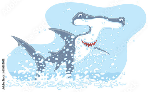 Large hammerhead shark with insidious smile, in splashes, jumping out of water in a tropical sea, vector cartoon illustration isolated on a white background