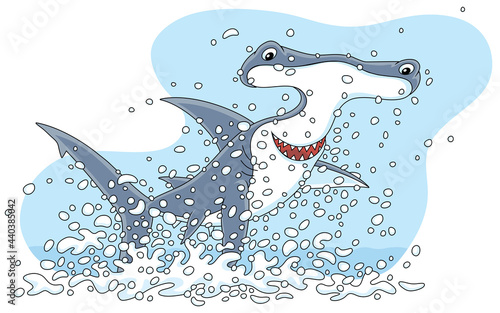 Large hammerhead shark with insidious smile, in splashes, jumping out of water in a tropical sea, vector cartoon illustration isolated on a white background
