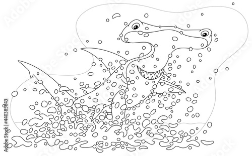 Large hammerhead shark with insidious smile, in splashes, jumping out of water in a tropical sea, black and white outline vector cartoon illustration for a coloring book page