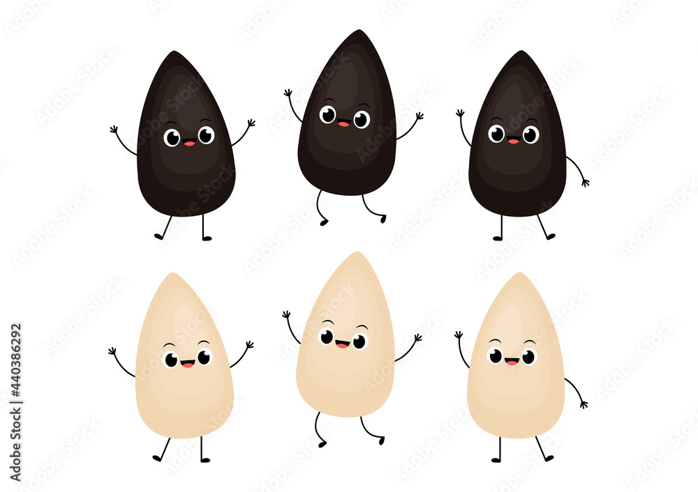 Black and white sesame seed character. Sesame seed on white background. Black and white sesame seed character. Sesame seed on white background.
