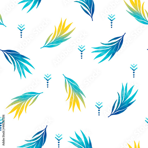 seamless pattern of palm leaves, symbols of the sun and sea on a white background. Caribbean and holiday symbols