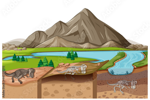 Nature landscape scene at daytime with dinosaur fossils in soil layers