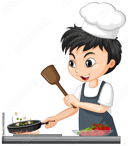 Cartoon character of a chef boy cooking food