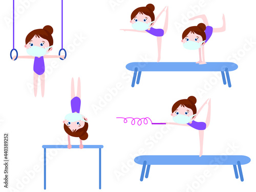 Sport vector concept. Set of little girl wearing face mask while doing variety sport gymnastic in the stuido