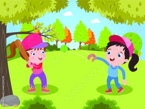 Two children looks happy while playing baseball game at the park during summer time