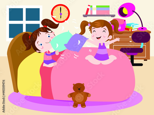 Childhood vector concept. Two little girl playing pillow fight while having fun together in the bedroom at home