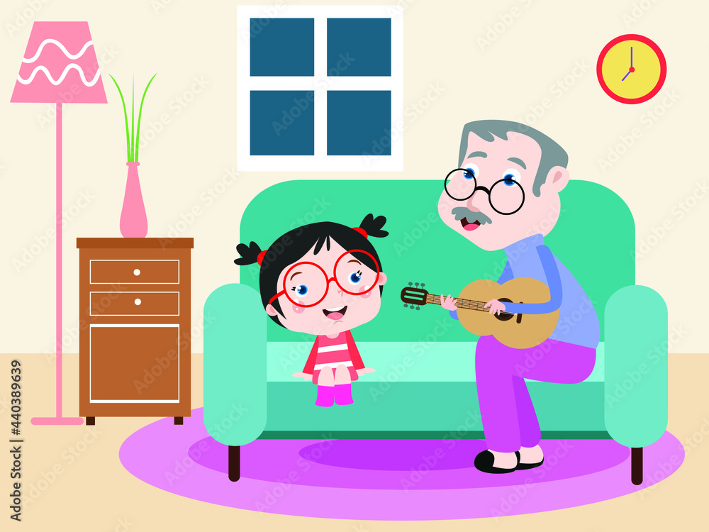 Quality time vector concept: Elderly man playing a guitar with his granddaughter while enjoying leisure time in the living room at home