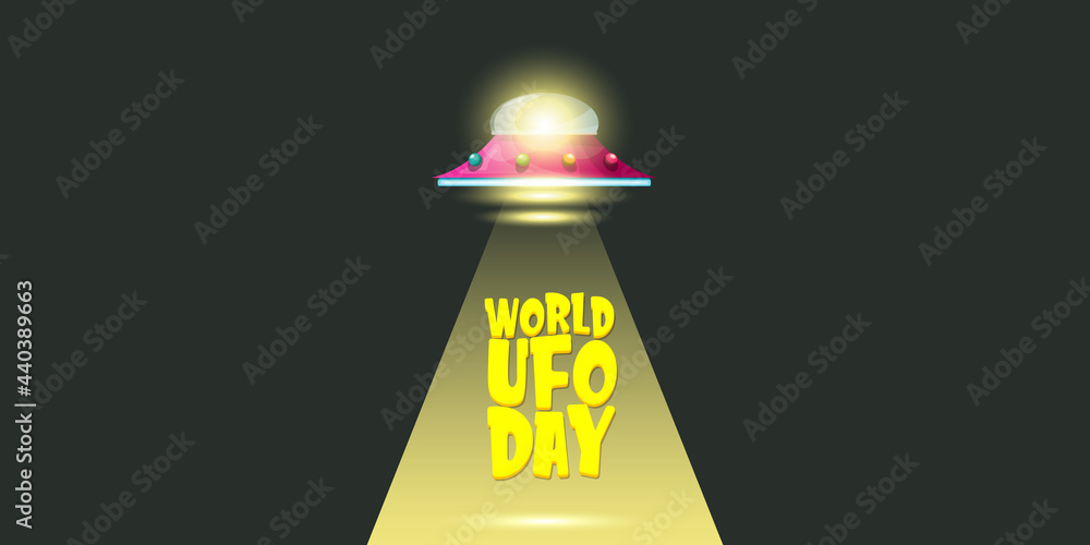world ufo day horizontal banner with flying with cartoon flying Saucer ...
