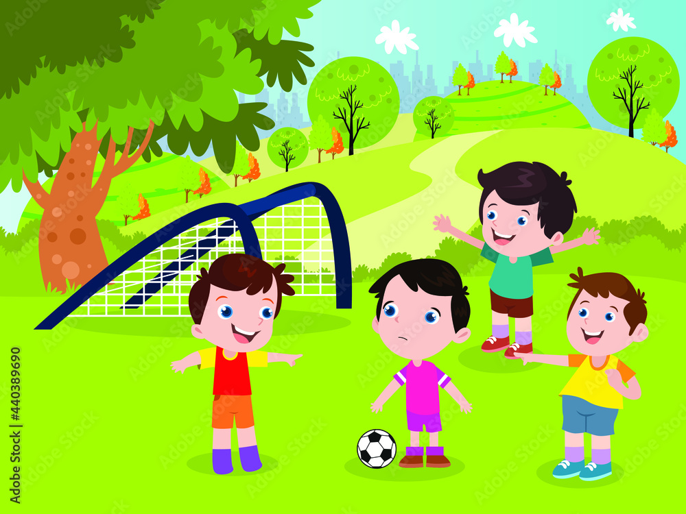 Bullying vector concept. Group of little children laughing and bullying his friend while playing soccer at the park
