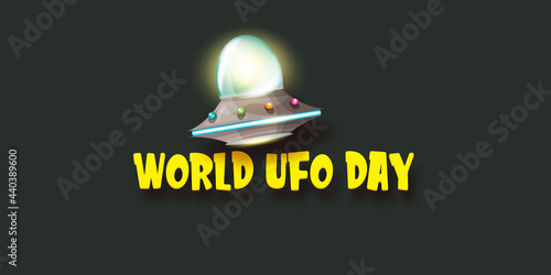 world ufo day horizontal banner with flying with cartoon flying Saucer on black night sky background. Cartoon Flying Saucer with text UFO DAY