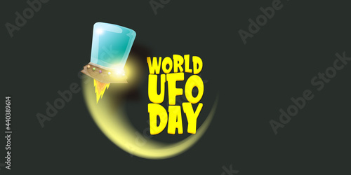 world ufo day horizontal banner with flying with cartoon flying Saucer on black night sky background. Cartoon Flying Saucer with text UFO DAY