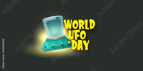 world ufo day horizontal banner with flying with cartoon flying Saucer on black night sky background. Cartoon Flying Saucer with text UFO DAY