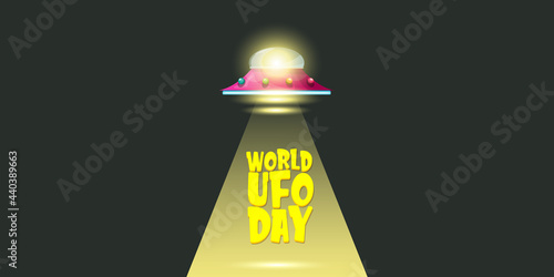 world ufo day horizontal banner with flying with cartoon flying Saucer on black night sky background. Cartoon Flying Saucer with text UFO DAY