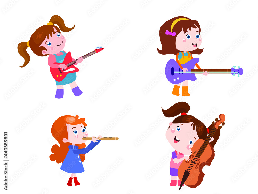 Kids musician vector concept. Group of happy kids playing various music instrumental together Kids musician vector concept. Group of happy kids playing various music instrumental together
