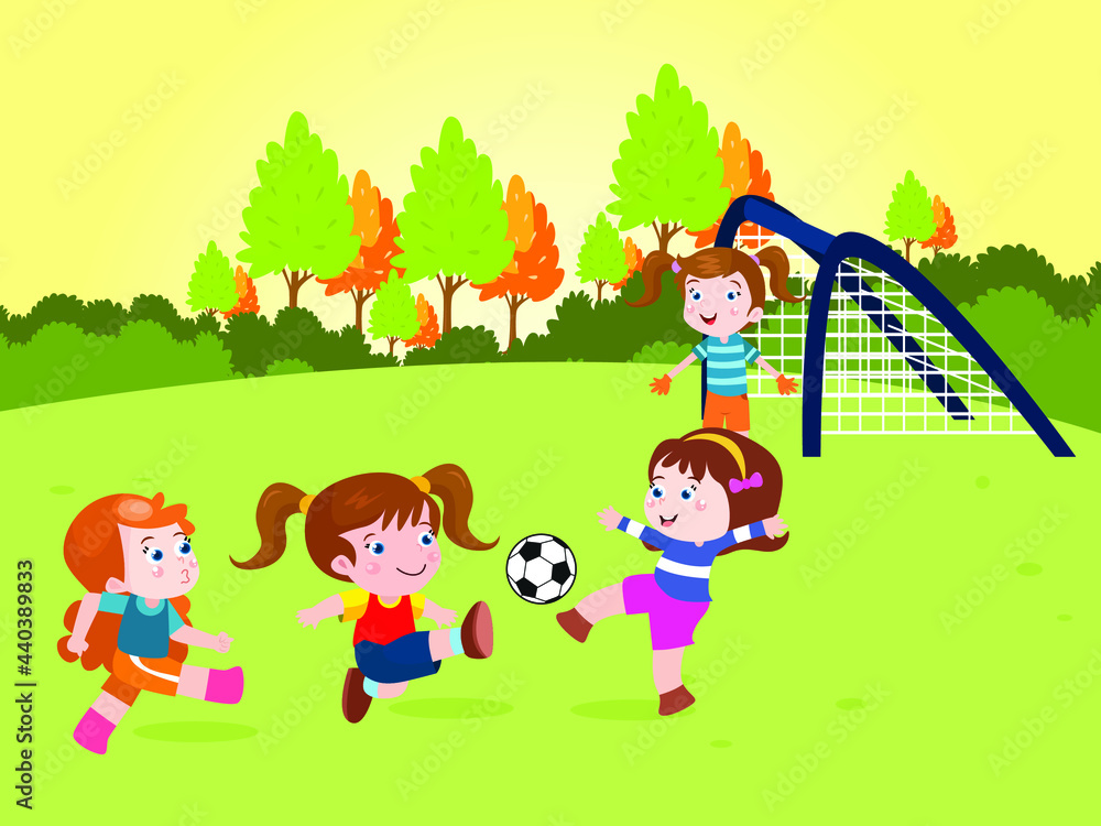 Childhood vector concept. Group of little girls playing soccer at the park during summer day