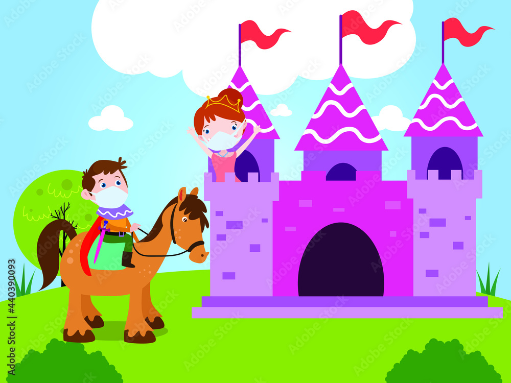 Naklejka premium Fantasy vector concept. Knight wearing face mask while riding a horse and rescuing a princess from castle