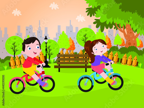 Holiday vector concept. Happy siblings cycling together at the park while enjoying leisure time together
